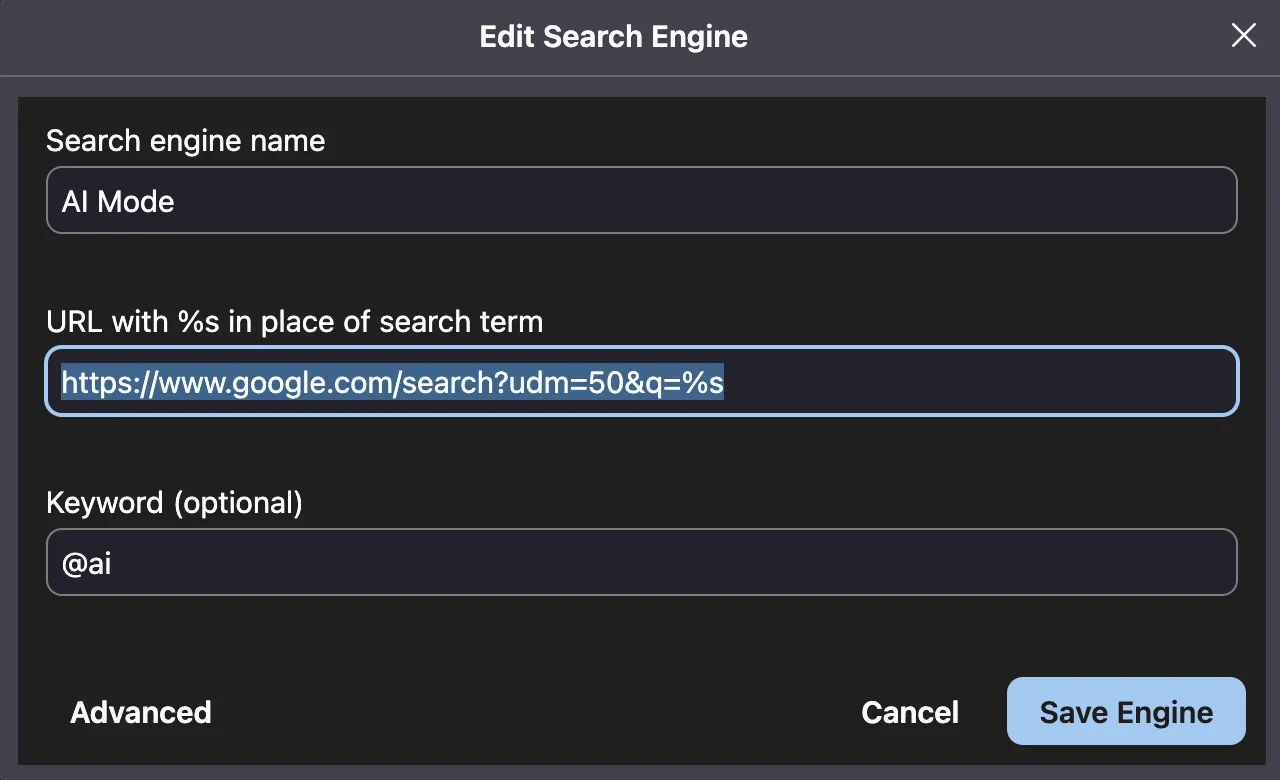 Add AI Mode as search engine